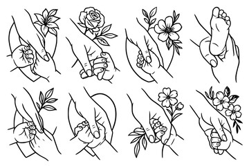 Parent and Baby Holding Hands Line Art with Floral Elements