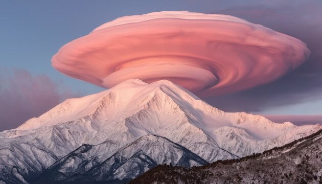 Sunset mountain landscape with a snowy peak, dramatic clouds, and a panoramic view - Powered by Adobe