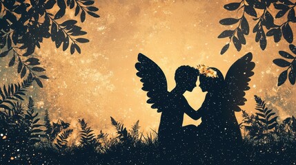 Dramatic silhouette of a winged cupid placing a crown of flowers on a couple under starlight
