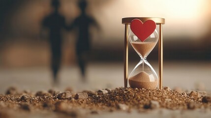 Elegant scene of lovers finding a golden hourglass gifted by cupid, representing timeless love