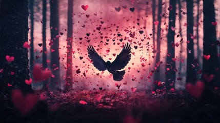 Mystical cupid surrounded by floating love tokens in a twilight forest, ethereal gift distribution