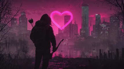 Neon art style cupid shooting a laser arrow of love in a futuristic city, cyber romance