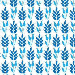 Seamless blue floral pattern with tulip and leaf motifs on a white background