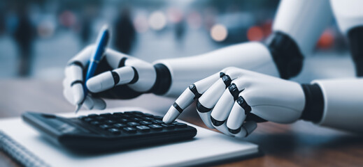 Futuristic humanoid robot calculating with a calculator and writing on a notepad, symbolizing AI precision and advanced technology in financial or analytical tasks.