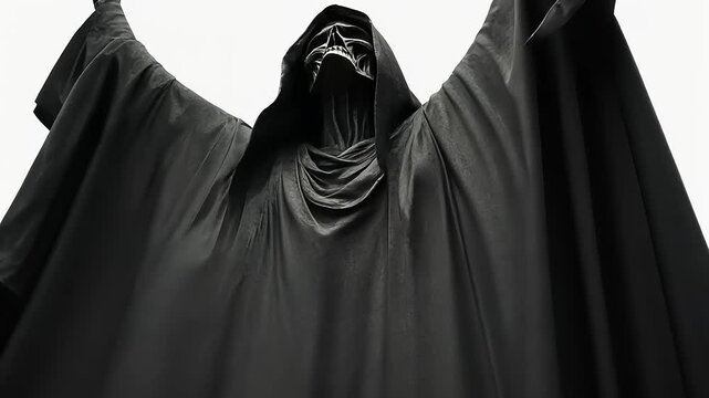 The Grim Specter: Haunting Figure in Black Robes with Raised Arms against White Backdrop