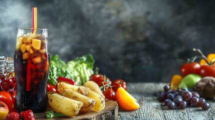 Refreshing beverage surrounded by fresh produce.