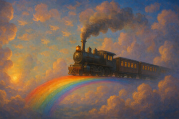 Vintage steam train riding on a vibrant rainbow through dreamy clouds at sunset, symbolizing fantasy, adventure, and imagination in a surreal composition.