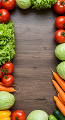 Fresh vegetables including tomatoes, carrots, cabbage, lettuce, and cucumbers arranged around a wooden surface, perfect for healthy cooking or food preparation 