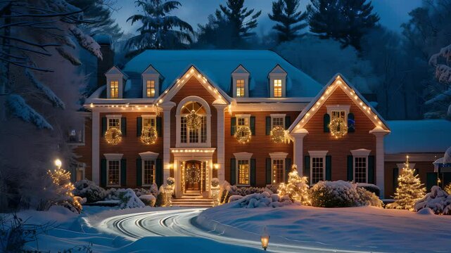 A picturesque house is decorated with Christmas lights and wreaths in a snowy winter scene at night. The glowing lights create a warm, inviting atmosphere in the cold winter landscape.