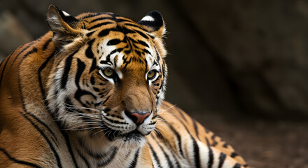 Obraz premium Majestic tiger resting with intense stare, showcasing striking orange and black striped fur, wildlife beauty, powerful predator, close-up, nature photography 