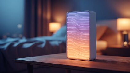 Stylish Gradient Led Night Light On Wooden Nightstand In Bedroom