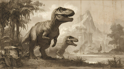 background for story-driven game | nature and civilization | scientific wonder | muted vintage chroma | layered depth | civilized dinosaurs | anatomical hybrid study | grisaille underpainting | lost