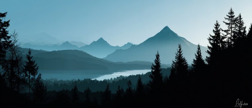 Misty Mountain Range With Lake View - Powered by Adobe