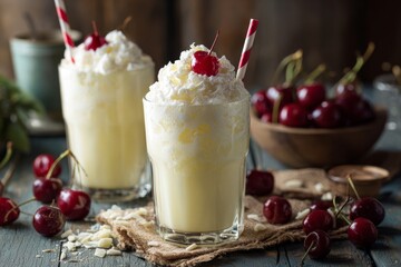 Two creamy cherry milkshakes topped with whipped cream and fresh red cherries.