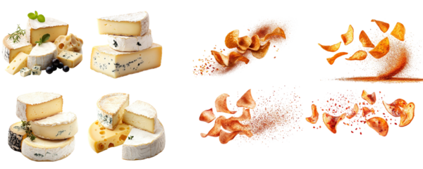 An assortment of cheese varieties and potato chips arranged on a black background in a studio shot