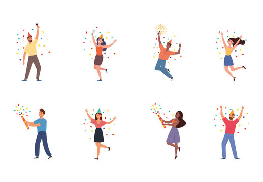 Colorful Party People Celebration Festive Confetti Illustrations Set