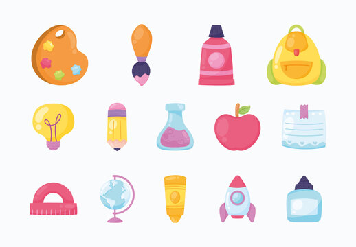 Colorful School Supplies Education Stationery Illustrations Set