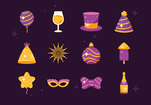 Purple And Yellow Happy New Year Party Eve Celebration Illustrations Set