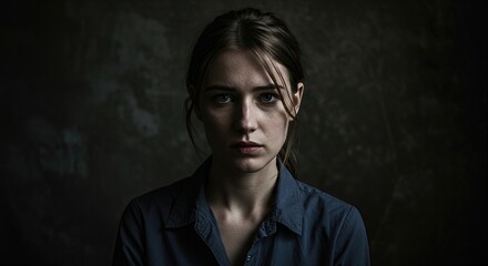 Fototapeta premium Woman portrait with a thoughtful expression on a dark background. Concept of mental health awareness for depression and anxiety.