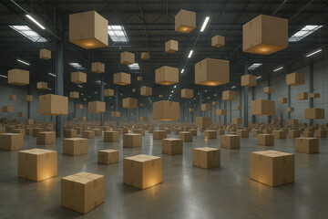 Floating cardboard boxes in a vast warehouse with glowing light, symbolizing logistics, innovation, and futuristic storage solutions in a surreal and artistic setting.