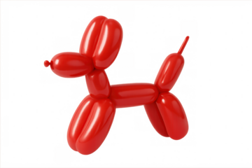 Inflatable red balloon dog, symbolizing celebration, floating against transparent backdrop with whimsical party spirit