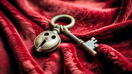 Naklejka premium Unique Ornate Vintage Key with Double Keyhole Design on Red Velvet