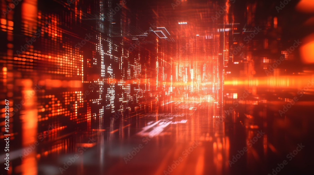 Poster digital tunnel with glowing red and white data streams.