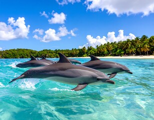 Obraz premium Dolphins leaping in turquoise water (1)