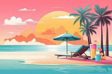 Summer Vacation Beach Illustration — Flat Vector with Palm Trees, Coconut Drink, and Sunset