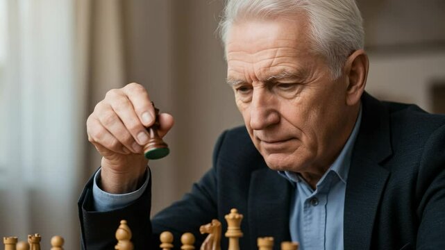 Senior Man Contemplating Chess Move in Well-Lit Room - Strategic Thinking and Mind Games