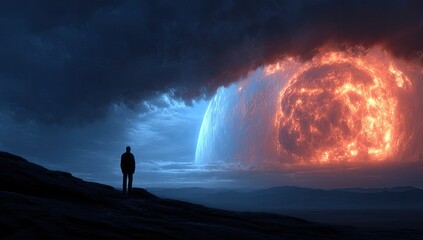 Epic Space Landscape With Silhouette Figure