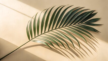 Fototapeta premium Isolated palm leaf on beige or off-white background, soft natural light, simple composition, perfect for spa, summer, or boho lifestyle design 