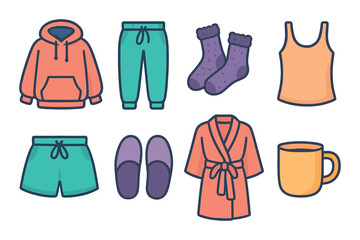 Cozy homewear icon set in flat style. loungewear and comfort symbols