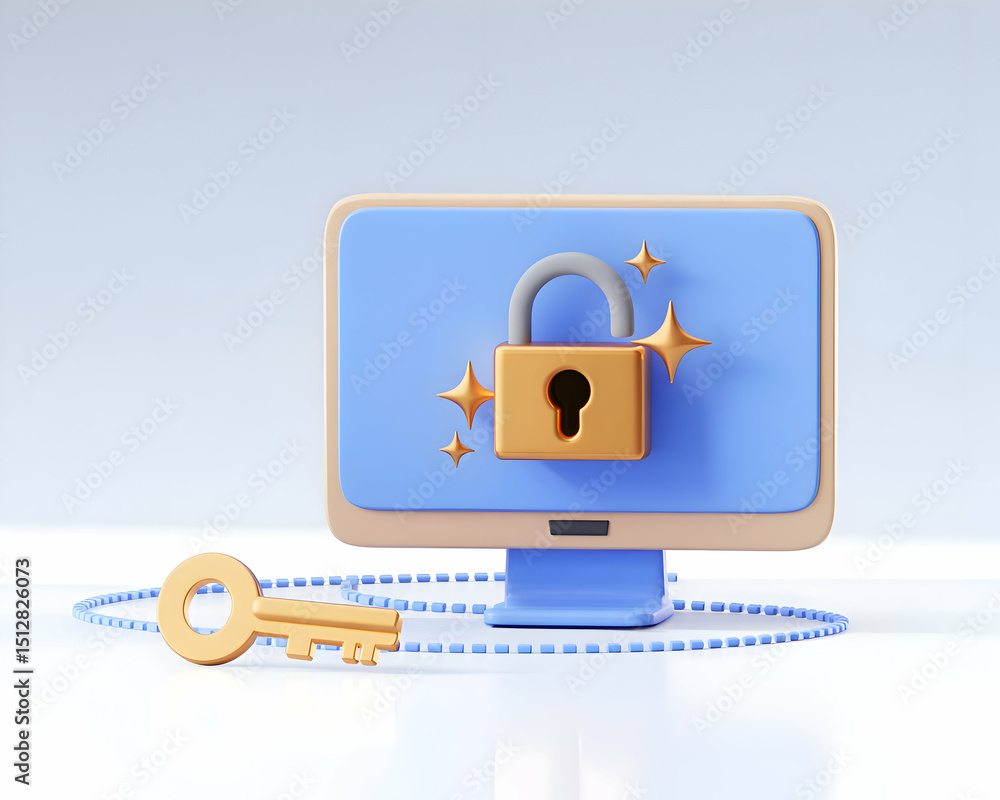 Aufkleber unlocked computer screen with golden key and padlock