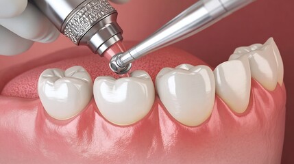 Close up of dentist's hand using a dental drill to prepare a tooth for a filling