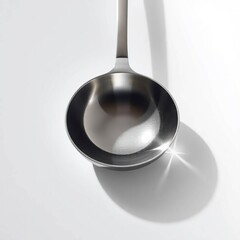Polished stainless steel ladle, top-down view