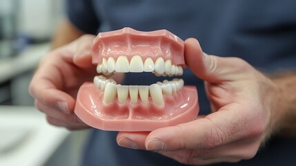 Close up of male dentists hands holding a dental impression mold demonstrating high quality dental work