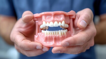 Close up of male dentists hands holding a dental impression mold demonstrating high quality dental work