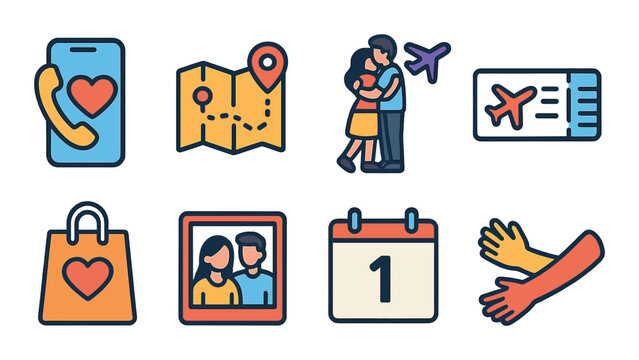 Long-distance love icon set: flat style for relationship and connection themes