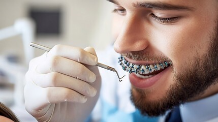 Close up of male orthodontist adjusting braces on a patient focus on hands and dental tools professional clinical setting high detail macro shot