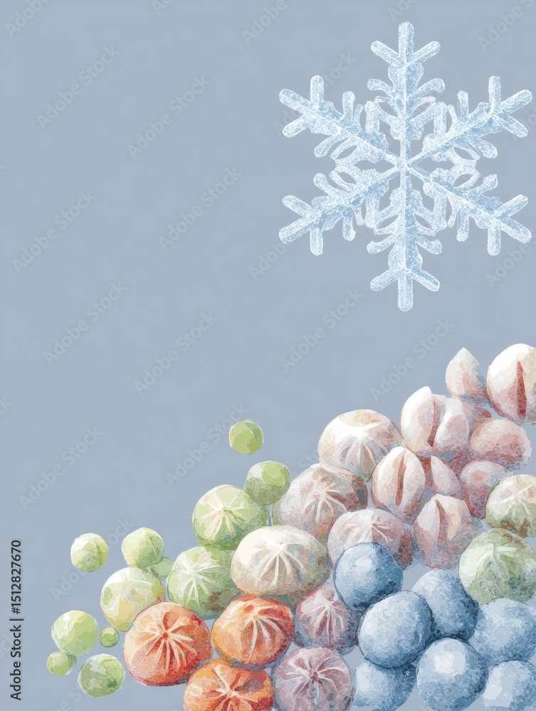 Poster Frozen Dumplings and Colorful Vegetables Adorned by a Stylized Snowflake on a Cool Background With Bright Left Margin