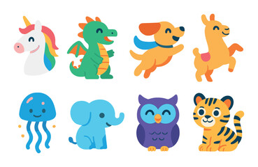 Imaginary animal friends icon set. flat style cute mythical and magical creatures
