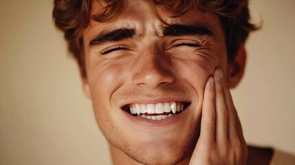 Close up portrait of handsome young Caucasian man with a warm smile experiencing toothache touching his cheek