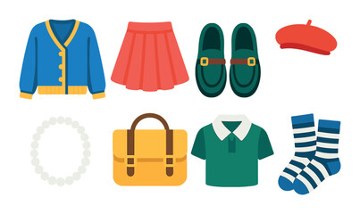 Preppy style flat icon set. fashion, clothing, and accessories symbols