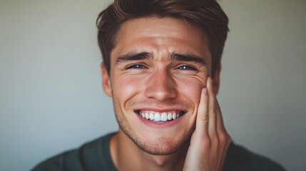 Close up portrait of handsome young Caucasian man with a warm smile experiencing toothache touching his cheek