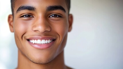 Close up portrait of young man with a gentle smile highlighting his healthy teeth