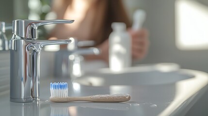 Close up shot of toothbrush and toothpaste on a bathroom sink slightly wet bristles reflecting recent use with a blurred background of a woman preparing for her morning hygiene ritual