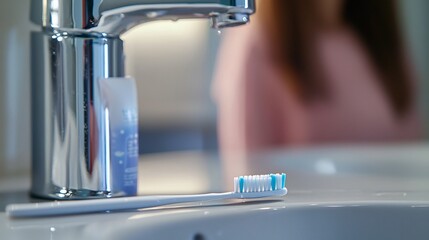 Close up shot of toothbrush and toothpaste on a bathroom sink slightly wet bristles reflecting recent use with a blurred background of a woman preparing for her morning hygiene ritual