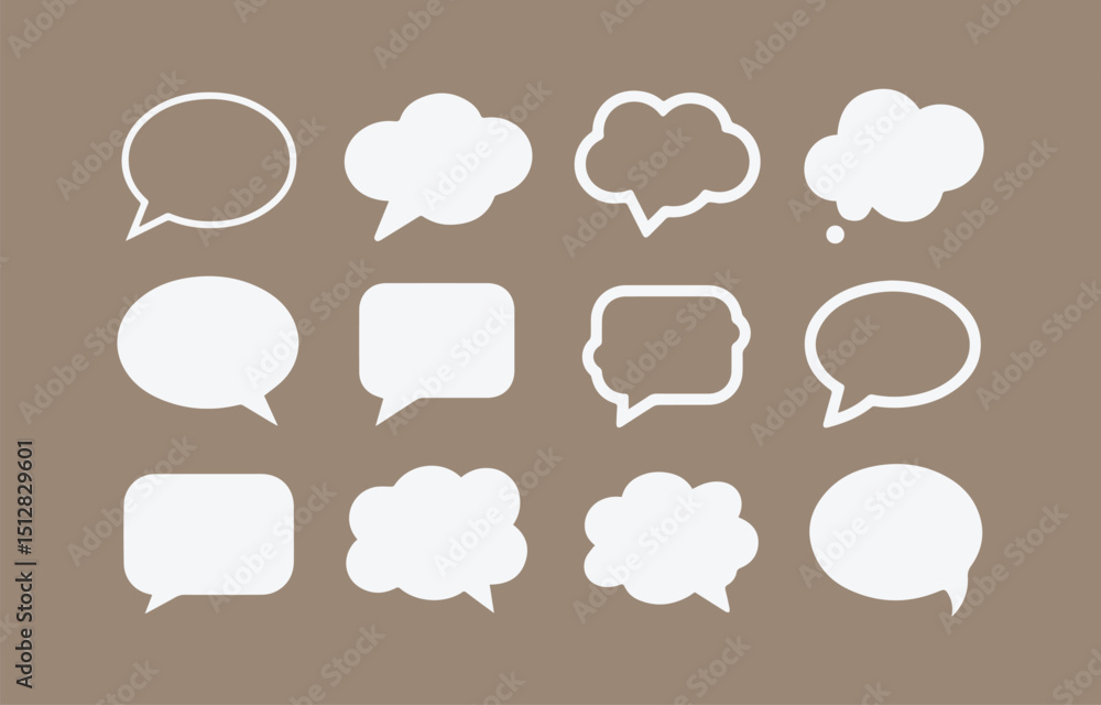 Poster set of twelve white speech bubbles in various shapes including circles squares and clouds on a brown