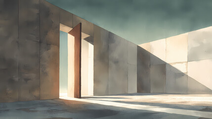 book cover for modern fiction | solitude in modernity | urban melancholy | sepia and jade | still horizon line | open door to void | diagonal light beam | minimalist architectural framing | interwar